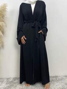 Women's Ramadan Abaya Muslim Batwing Sleeve Shirt Prayer Dress Kaftan Dubai Islamic Loose Maxi Corseted Waistband Smock - Black - View 1