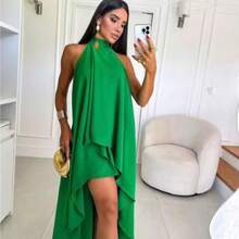 High Neck Long Dress Made Of Duna Fabric Plain Simple Elegant Party Fabric Backless/Backless Knot Dress Beach Birthday Party Daily Garden Photoshoot Travel - 綠色 - 查看 3