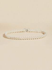 1pc Girl Stretch Pearl Belt Adjustable Rhinestones Silver Twin Flower Alloy Buckle Elastic Waist Chain For Party And Wedding Dress Sash,Back To School Winter Gift Ideas Boy Girl Valentine's Day