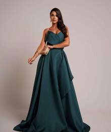 PRINCESS STRAP-OFF PARTY DRESS. Elegant Conservative / Modest PET Appliques - Dark Green - View 2