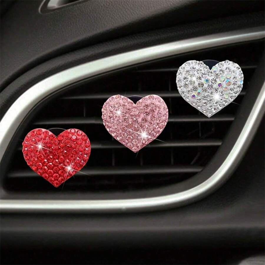 2pcs White/Rad/Pink/Black Rhinestone Heart Shaped Car Air Vent Clips Decoration