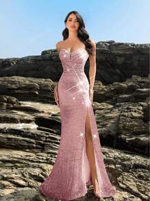 Luxury Strapless Split Mermaid Hem Prom Dress, Elegant Sequin Evening Dress, Formal Prom Gown, Wedding Guest Dress Women, For Wedding Guest, Graduation, Dinner, Beach Vacation Spring Summer Outfits