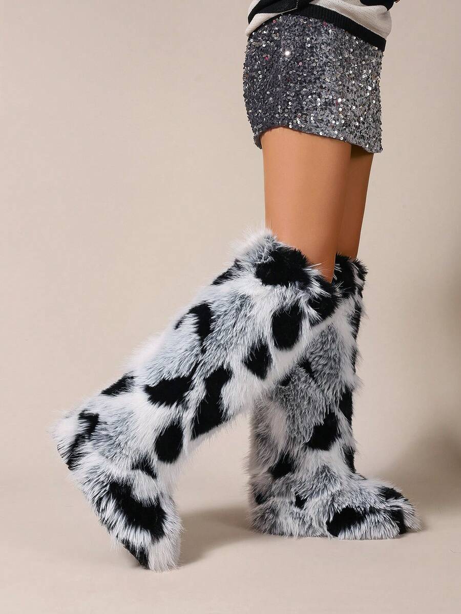 Women's Faux Fur Boot Furry Fluffy Round Toe Suede Winter Comfy Plush Warm Short Outdoor Indoor Flat Shoes Knee-High Boots