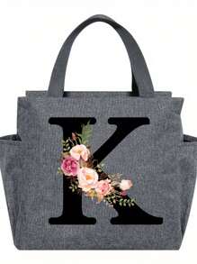 1pc Elegant Floral & Letter Tote Bag - Insulated Lunch Bag, Made Of Durable Polyester, Grey With Pink Flowers & Green Leaves, Suitable For Office, School And Outdoor Picnic
