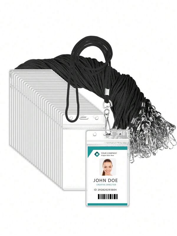 20 Vertical ID Name Tag Cards And Exquisite Lanyard Holders, Waterproof Resealable Zipper, Vertical ID With Black Lanyard, Waterproof Transparent Card Holder ID Card, Employee Card, Student Card, For Office And School Use, Gender-Specific School Supplies, Back To School
