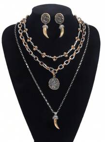 5pcs Multi-Layer Tooth-Shaped Pendant Necklace & Earrings Set, Fashion Engraved Medal And Ox Horn Pendant Metal Chain Necklace Earrings Set, Inlaid With Various Metal Pieces With Knotted Rope And Metal Chain Links, Suitable For Women Party, Daily Wear, Gift (Pendant Position Random)