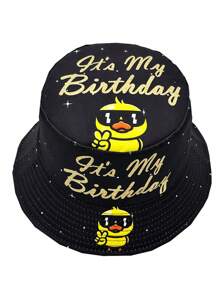 Elegante cappello secchiello con design della corona "È il mio compleanno" - leggero, nero con scritte dorate, 1 pezzo cappello secchiello in poliestere per feste di compleanno