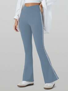 RUNONWHEELS 5 Leggings a vita alta a zampa d'elefante per fitness e sport quotidiani, pantaloni attillati da yoga a vita alta che modellano il lato B, pantaloni attillati a vita alta con incrocio sulla parte anteriore per la primavera - celeste - Visualizzare 7