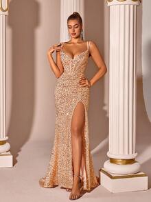 ADYCE 女士吊带深V领前开衩露背系带正式长裙，适合派对、盛会、正式晚宴、婚礼宾客、毕业典礼等场合，优雅正式，亦可作为圣诞派对礼服或感恩节服装。 - 香檳色 - 查看 7