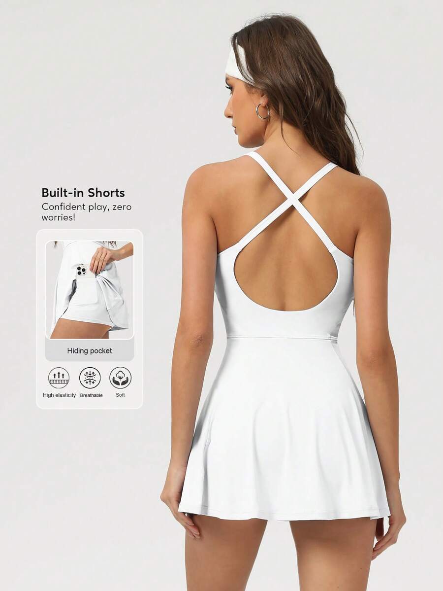 Sodalemon Women Cross Back Fitness Gym Sleeveless Training Outdoor Tennis Skirt Set Backless Lined Running Casual Yoga Sport Dress - 白色 - 查看 1