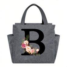1pc Elegant Floral & Letter Tote Bag - Insulated Lunch Bag, Made Of Durable Polyester, Grey With Pink Flowers & Green Leaves, Suitable For Office, School And Outdoor Picnic