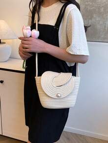 2025新款法式极简编织女士手提包，夏季沙滩度假手提包，大容量蔬菜篮 - 米色 - 查看 4