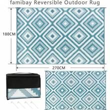 Famibay Outdoor Rug Garden Waterproof Outdoor Carpet Patio Rugs Reversible Plastic Straw Mat Lightweight Blue Geometric Garden Carpet For Camping Balcony Deck Porch BBQ