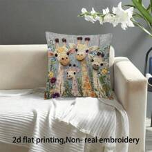 1pc Floral & Giraffe Family Decorative Pillow Cover, 18x18 Inches, Soft Polyester, Zippered Closure, Perfect For Living Room Sofa Home Decor, Bedroom Headboard Cushion, Pillow Insert Not Included