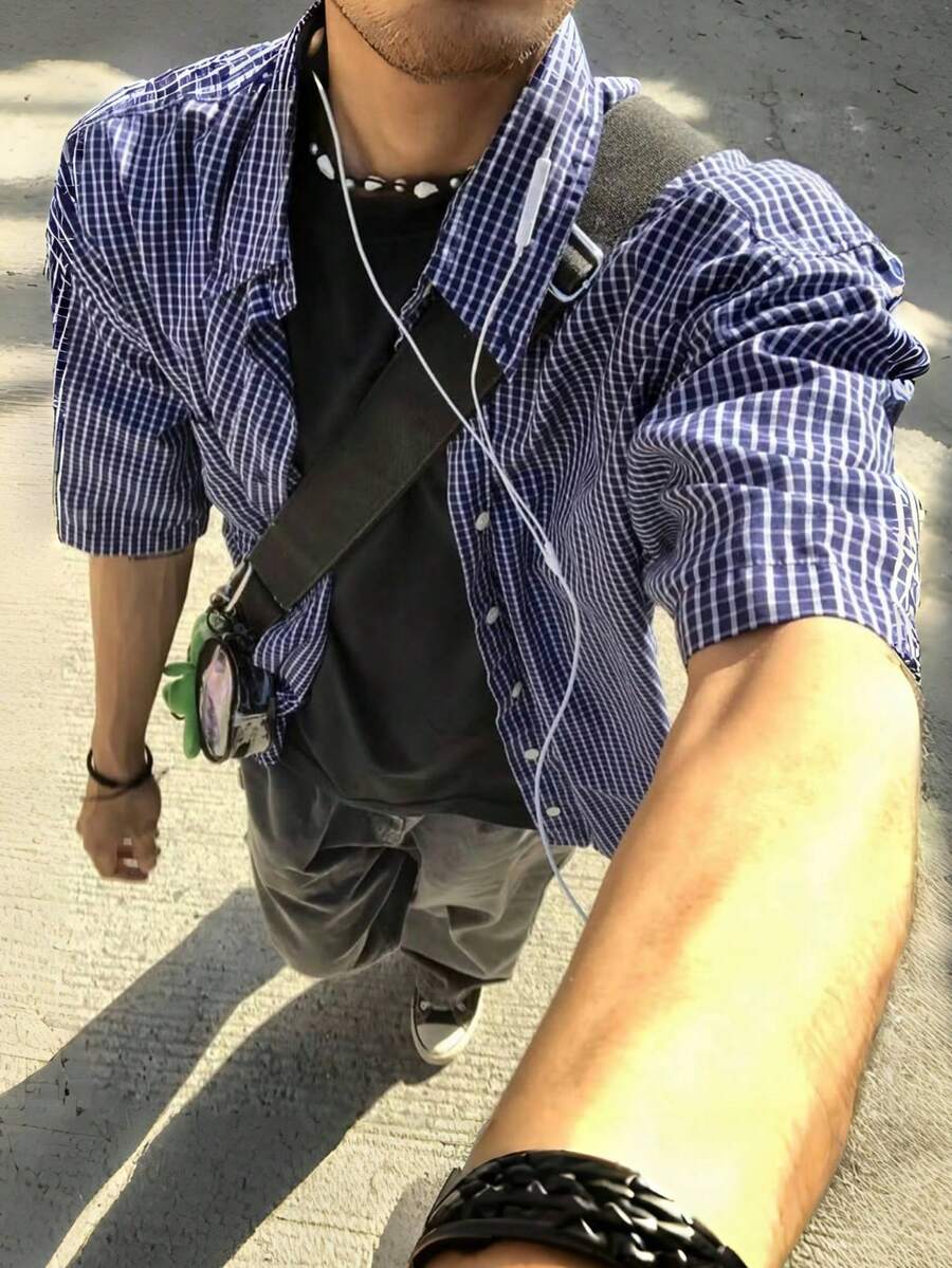男士夏季格子短袖单排扣休闲衬衫 - 彩色 - 查看 1