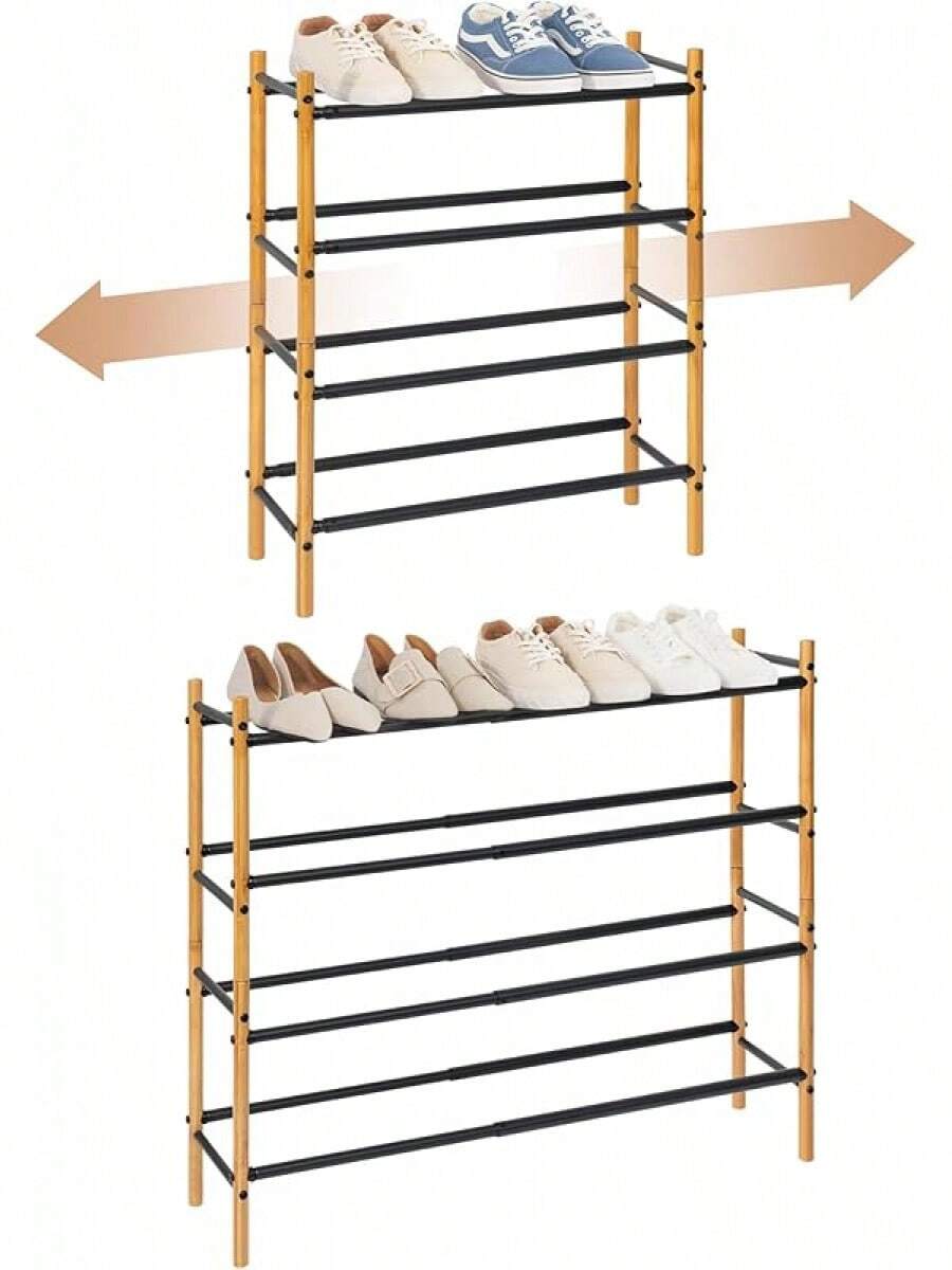 Expandable Shoe Rack, 44 Pairs Stackable Small Shoe Rack, Metal Adjustable Shoes Organizer For Closet, Entryway, Hallway, Garage, Front Door, Shoes Shelves, Black 10 Tier - Bamboo/Black - View 1
