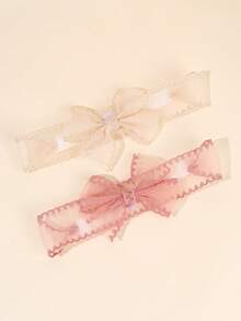 2Pcs Lace Baby Headband For Baby Girl, Clear Mesh Baby Bows Hairband, Stretchy Lace Head Band For Newborn Baby Girl, Baby Accessories. - Pink + Beige - View 2