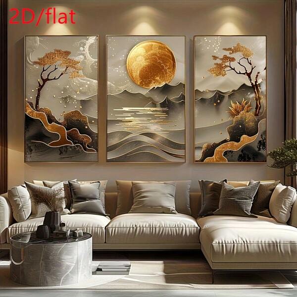 3 pièces Peintures décoratives artistiques, paysage d'arbre de vie et de fleur de lotus, style classique moderne, art acrylique, sans cadre vertical, convient pour le salon, la chambre, le bureau à domicile, la salle de bain, la salle à manger - décoration murale d'intérieur, sans cadre