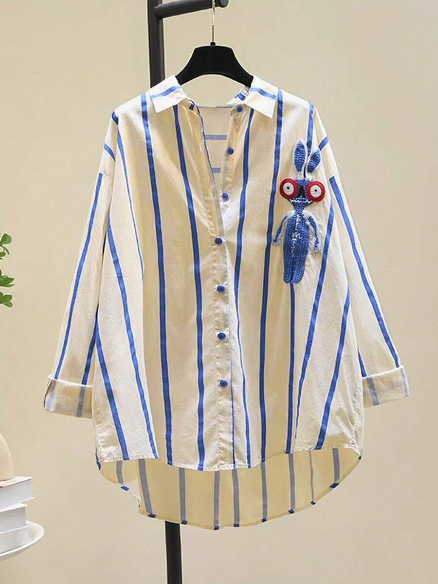 Blusa casual suelta de manga larga para mujer con cuello de diseño, bloques de color a rayas, botones frontales, bordado y espalda corta