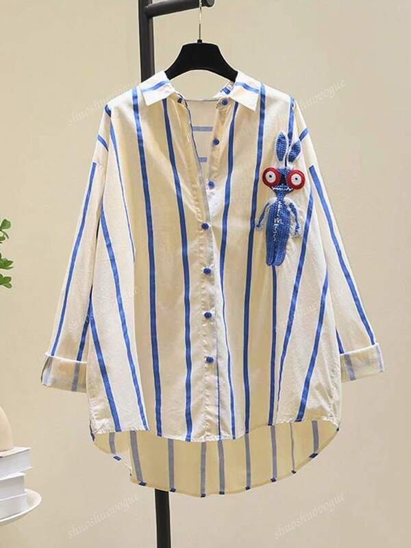 Design Sense kraagoverhemd voor dames, gestreepte kleurblokknopen, korte achterkant, lange borduurwerk, losse casual blouse, top met lange mouwen