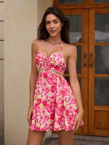 PARTHEA 露背镂空吊带褶饰蕾丝拼接褶饰紧身花卉印花迷你连衣裙（拉链，性感） - 西瓜粉 - 查看 7