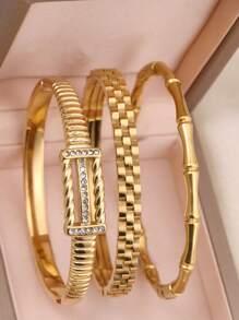 3 piezas Brazalete de acero inoxidable con elegante zirconia estilo vintage, adecuado para mujeres, regalo de aniversario de boda, brazalete apilable dorado