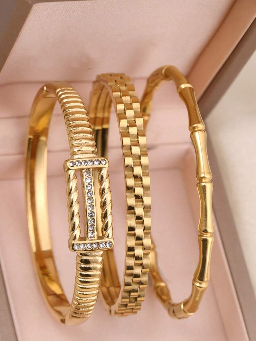 3 piezas Brazalete de acero inoxidable con elegante zirconia estilo vintage, adecuado para mujeres, regalo de aniversario de boda, brazalete apilable dorado