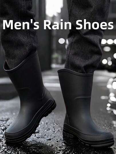 Men's Rain Boots, Adult Male, Color Block Thick Sole, Black, Soft Rubber Material One-Piece Molding, Men's Boots, Workwear Hardcore Style, Construction Site Work, Outdoor Travel, Rain Boots, Daily Commute, Rainy Day Commute, Rubber Boots, Men's Rain Boots