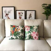 4 件套亚麻枕套，热带枕套带有叶子、花朵、鹦鹉和火烈鸟图案，适用于装饰沙发、客厅、房间、户外阳台和庭院，侧面印花，不含枕芯（16 英寸 * 16 英寸、18 英寸 * 18 英寸、20 英寸 * 20 英寸）