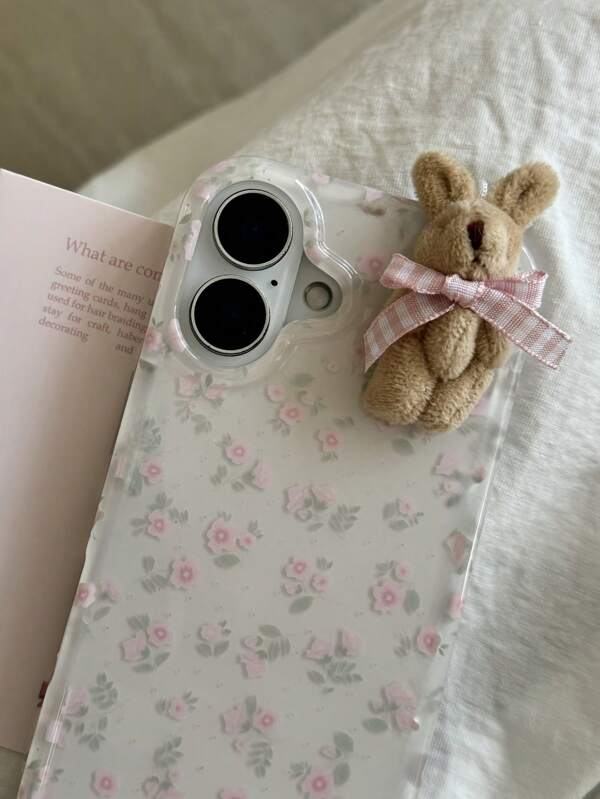 Flower 1pc Youthful And Adorable Girl Floral White Classic Full-Coverage Soft Phone Case + Three-Dimensional Pink Lattice Bow Brown Rabbit, Compatible With IPhone16 15 14 13 12 11 Pro Max Plus