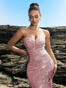 Luxury Strapless Split Mermaid Hem Prom Dress, Elegant Sequin Evening Dress, Formal Prom Gown, Wedding Guest Dress Women, For Wedding Guest, Graduation, Dinner, Beach Vacation Spring Summer Outfits