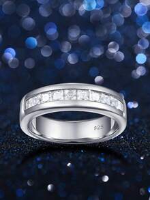 AIHUASI 1 件精致莫桑石水钻结婚戒指，男士 925 纯银永恒戒指 2.5*2.5 毫米 0.15 克拉公主方形切割耀眼 D 色 VVS1 莫桑石承诺订婚戒指精美珠宝情人节礼物