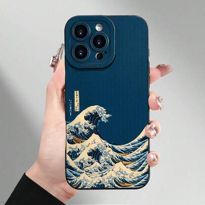 蓝色波浪纹镂空黑色极简时尚防震手机壳，兼容 16/11/16pro/16plus/16promax/16e/15Promax/13/14/12/XS/XR/7G/8P，防水防摔防刮，国际版，非国内版