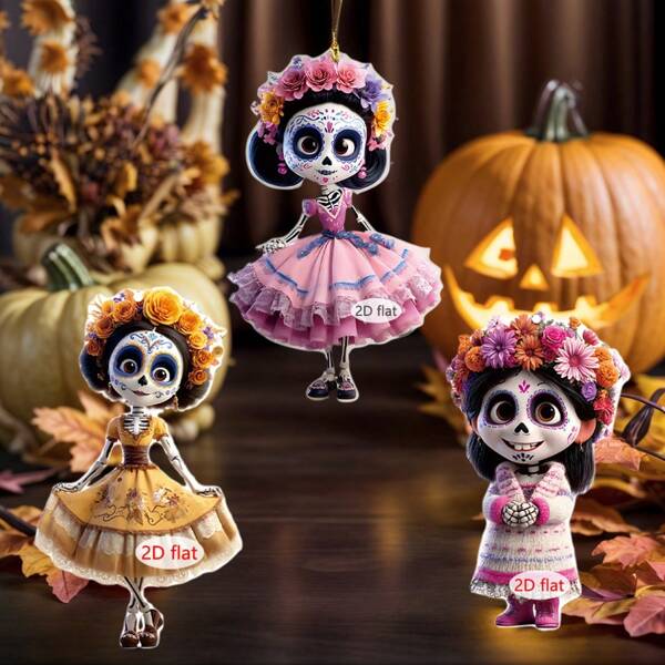 1pc Halloween Sugar Skull Cute Hanging Ornament - 2D Flat - Bohemian Style Colorful Skeleton Wearing Wreath Home Decor Hanging Ornament - Sugar Skull And Floral Halloween Party Celebration Decoration - Perfect Gift For Skeleton Lovers - Decorative Hanging Ornament With Skull Pattern
