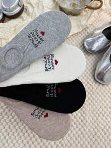4 Pairs Women's Spring/Summer/Autumn Letter & Heart Print Thin Invisible Boat Socks With Non-Slip Heel Design, Suitable For Daily Wear - Multicolor - View 6