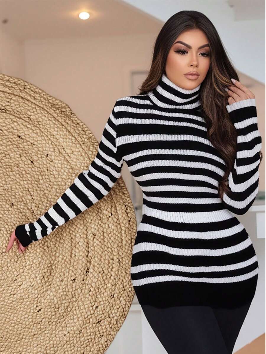Plus Size Cold Knit Cacharrel Blouse Thick Stripes High Neck Women's - 黑色 - 查看 1