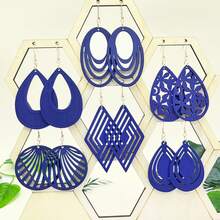 6 Pairs Retro Elegant Wooden Pendant Earrings, Blue Geometric Carved Design, Suitable For Evening Gowns And Party Outfits, Gift For Her