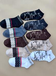 5 Pairs/10 Pairs Women Short Socks, Multi-Color Letter & Stripe Pattern, French Luxurious Retro Style, Fashion Versatile Ladies Socks For Spring & Summer