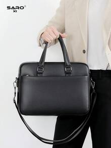 saroxi 男士公文包，经典大容量电脑包，PU 皮革简约纹理办公室/工作通勤包，适合送给丈夫的礼物，秋季 - 黑色 - 查看 4