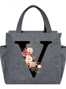 1pc Elegant Floral & Letter Tote Bag - Insulated Lunch Bag, Made Of Durable Polyester, Grey With Pink Flowers & Green Leaves, Suitable For Office, School And Outdoor Picnic