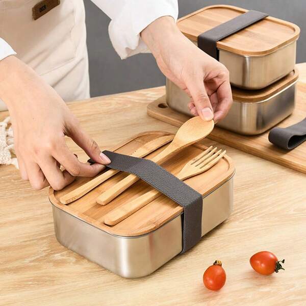 Bento-Lunchbox aus Edelstahl, Metallbehälter, Holzdeckel mit 3-teiligem Besteckset, Lunchbox für Erwachsene und Kinder