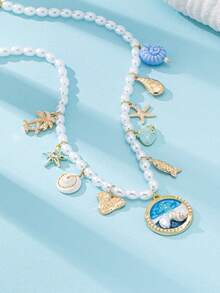 1 件 ABS 珍珠夏季海洋元素海星贝壳多吊坠项链，波西米亚风格多层串珠项链套装，适合度假、海滩、派对、日常佩戴 - 彩色 - 查看 7