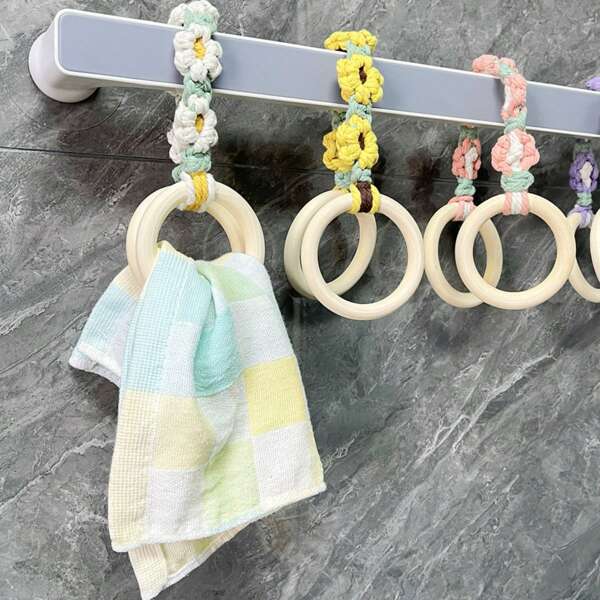 1pc Handmade Crocheted Daisy Wooden Ring Towel Rack, Children's Room Storage Hook