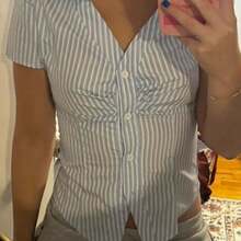 Camisa informal de mujer de manga corta con abotonadura, cintura ajustada, adecuada para ocasiones formales de verano - Azul - Ver 2