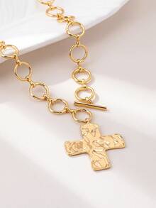 1pc Fashionable Simple Hammer Texture Cross Pendant Handmade Round Chain Necklace - Gold - View 6