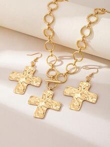 1pc Fashionable Simple Hammer Texture Cross Pendant Handmade Round Chain Necklace - Gold - View 5