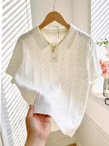 Spring/Summer New White Polo Collar Twisted Flower Short Sleeve Knitted T-Shirt For Women, Slim Fit Button Half Open Casual Commuter Style Top