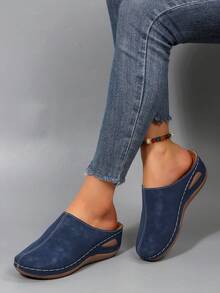 优雅时尚女士新款厚底一脚蹬穆勒鞋，舒适软底拖鞋，适合春秋季，适合居家、散步、通勤 - 藏蓝色 - 查看 6