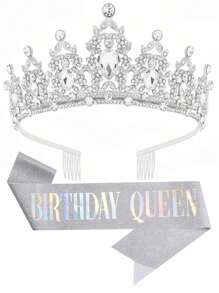 2pcs/Set Baroque Style Rhinestone Zinc Alloy Birthday Crown + Sash Suit, Suitable For Birthday Party, Birthday Queen Tiara Headpiece + Shoulder Strap Accessory