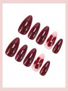 24pcs Medium Almond-Shaped Ombre Red Nail Stickers, Decorated With Red Flowers And Gold Beads, Vintage Full Coverage Style, Suitable For Women, Girls For Daily, Date, Office, Home, Party, Summer Nails Nail Supplies - Red - View 3